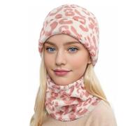 Muorruo Ladies' Winter Hat/Scarf Set, Stretch Snow Beanie Cap with Print, Cosy Soft Hat for Cold Weather, Stretchable Winter Hat Scarf with Leopard Pattern