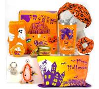 MUOUAKATE Boo Basket Stuffers for Women, 11 PCS Halloween Gifts Basket Items for Adults Teens with Halloween Tumbler with Lid and Straw Sock Keychain Makeup Bag for Sister Friends Family Coworkers