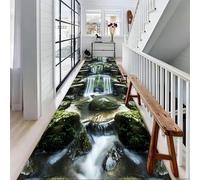 MUOUCTE 3D Scenery Hallway Rug, 80x300cm Green Moss Stone Waterfall Runner Rugs, Optical Illusion Corridor Easy to Clean Low Pile Floor Mat, Bedroom Living Room Bedside Sofa Carpet