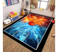 MUOUCTE Basketball Area Rug, 60x110cm Blue and Red Flame Court Sports Rug, Soft Non-Slip Basketball Lover Home Interior Decorative Rug, Washable Carpet for Boys Girls Bedroom Playroom Entry Room