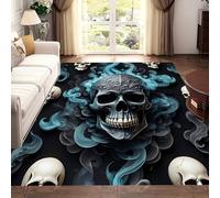 MUOUCTE Black Area Rug, 160x200cm White and Black Skull Gothic Pattern Home Decor Carpet, Soft and Durable Blue Smoke Large Area Rugs, Foldable Low Pile Carpets With Non-Slip Rubber Backing