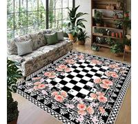 MUOUCTE Bohemian Style Flower Area Rug, 120x180cm Black and White Checkerboard Pink Rose Living Room Rugs, Stylish and Beautiful Girl's Room Decorative Floor Mat, Sofa Study Bedroom Carpet
