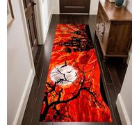 MUOUCTE Halloween Runner Carpet, 80x220cm, Horror Moon Castle Twigs Bat Gothic Design Pattern Fire Red Hallway Rug, Ultra-Thin Short Pile Breathable Door Mat for Playroom Hall