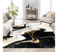 MUOUCTE Modern Rug for Living Room, 80x150cm, Abstract Design Black White Texture with Gold Marble Pattern Flat Rug, Low-Profile Reduce Noise Breathable Area Carpet for Kitchen Laundry