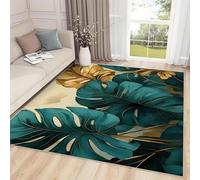 MUOUCTE Monstera Area Rug, 60x110cm Gold and Green Tropical Plant Print Carpet, Soft Non-Slip Home Decor Low Pile Rug, Durable Rugs for Living Room Dining Table Bedroom Kitchen Entryway