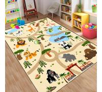 MUOUCTE Safari Animal Route Children's Area Rug Beige Zoo Carpet 100x150cm | Low Pile Thin Soft Jungle Wildlife Pattern Kids Room Rugs Non-Shedding Home Decor Carpets for Indoor Bedside