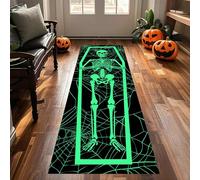 MUOUCTE Skull Carpet Runners, 60x120cm, Gothic Fluorescent Green Spider Web Coffins Black Long Hallway Rug, Ultra-Thin Short Pile Easy Care Goth Hallway Runner Rugs for Living Room Kitchen