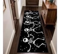 MUOUCTE Skull Long Hallway Rug, 60x120cm, Horror Vibrant Skulls with White Spots Halloween Decor Floor Mat, Cozy Low Pile Machine Washable Black Carpet for Relax Room Laundry