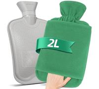 MUPAS Hot Water Bottle with Fleece Cover - 2L Large Leakproof Hot Water Bag - Soft Hot Water Bottle with Hand Pocket and Natural Rubber -for Hands, Feet, Shoulders, Neck, Abdomen, Legs (Green)