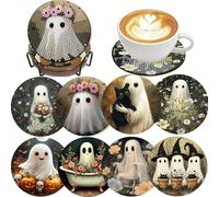 Mupmod 8 PCS Halloween Ghost Diamond Art Coaster Kits with Holder - Horror Diamond Painting for Adults Beginners - 5D Gem Art Dots Paintings with Cork Pads - Crafts Supplies