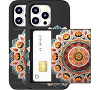 MUQR Compatible for iPhone 14 Pro Max Case with Card Holder Cute - Kawaii Design Military-Grade Drop Protection Rugged Wallet Cases for Women (Black Intricate Mandala)