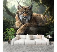 Mural 3D Panoramic Photo Wallpaper Jungle Animal Lynx Art Print Wall Mural Non-Woven Murals 350x256cm Green for Bedrooms Living Room Modern Design Poster Picture