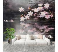 Mural 3D Panoramic Photo Wallpaper Romantic Plants Cherry Blossoms Reflections Art Print Wall Mural Non-Woven Murals 250x175cm Dark Gray for Bedrooms Living Room Modern Design Poster Picture