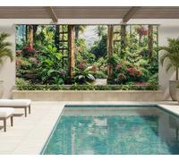 Mural Gardens Tropical Window View Garden Mural Curtain Waterproof Outdoor Tapestry Gazebo Hot Tub Patio Fence Wall Art W400Cm H180Cm