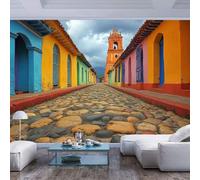 Mural Panoramic 3D Wallpaper Colorful buildings along cobblestone street Colorful buildings along cobblestone streetPeel and Stick Bedroom Sofa Tv Backdrop 3D 3D Living Room The Wall for Bedroom 3D E