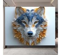 Mural Photo 3D Wolf Head 150x105cm, Blue White Yellow Durable Wallpaper, Wildlife Wall Decor, Contact Paper for Bedroom Bathroom Kitchen Cabinet Renter Friendly