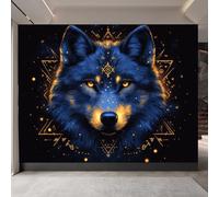Mural Photo Blue Wolf 200x140cm, Geometric Symbols Durable Wallpaper, Mysterious Wall Decor, Contact Paper for Bedroom Bathroom Kitchen Cabinet Renter Friendly
