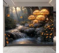 Mural Photo Glowing Mushrooms 300x256cm, Butterflies Forest Durable Wallpaper, Fantasy Plants Wall Decor, Contact Paper for Bedroom Bathroom Kitchen Cabinet Renter Friendly