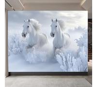 Mural Photo Horses Running 500x280cm, Snow Scene Durable Wallpaper, Animal Theme Wall Decor, Contact Paper for Bedroom Bathroom Kitchen Cabinet Renter Friendly