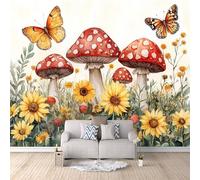Mural Photo Mushrooms Sunflowers Butterflies 300x210cm, Plants Floral Durable Wallpaper, Watercolor Art Wall Decor, Contact Paper for Bedroom Bathroom Kitchen Cabinet Renter Friendly