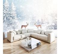 Mural Photo Wallpaper 250 x 175 cm Non-Woven 3D Photo Wallpaper Winter White Snow Deer Trees Sofa TV Living Room Background Wallpaper Mural White Wall Decoration Art Wall Sticker