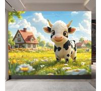 Mural Photo Wallpaper 3D Cartoon Cows, Meadow Non-Woven Premium Art Print Wall, Flowers Mural Home Bedroom Living Room Poster Decoration-300cm Wide x 256cm Height