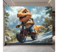Mural Photo Wallpaper 3D Dinosaur Riding A Motorcycle, Mountains Trees Non-Woven Premium Art Print Wall, Cartoon Animals Mural Home Bedroom Living Room Poster Decoration-300cm Wide x 210cm Height