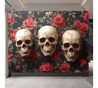 Mural Photo Wallpaper 3D Gothic Skulls, Red Rose Non-Woven Premium Art Print Wall, Brown Leaves Mural Home Bedroom Living Room Poster Decoration-400cm Wide x 280cm Height