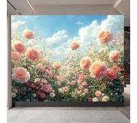 Mural Photo Wallpaper 3D Pink Flower, Blue Sky White Clouds Non-Woven Premium Art Print Wall, Floral Arrangements Mural Home Bedroom Living Room Poster Decoration-250cm Wide x 175cm Height