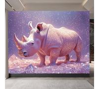 Mural Photo Wallpaper 3D Pink Rhino, Diamond Non-Woven Premium Art Print Wall, Wildlife Mural Home Bedroom Living Room Poster Decoration-200cm Wide x 140cm Height
