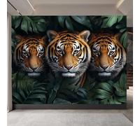 Mural Photo Wallpaper 3D Three Tigers, Green Leaves Non-Woven Premium Art Print Wall, Wildlife Plants Mural Home Bedroom Living Room Poster Decoration-500cm Wide x 280cm Height