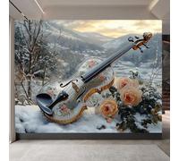 Mural Photo Wallpaper 3D Violin, Floral Snow Scene Non-Woven Premium Art Print Wall, Music Theme Mural Home Bedroom Living Room Poster Decoration-300cm Wide x 210cm Height
