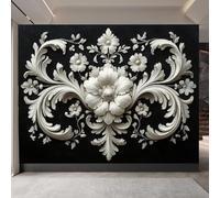 Mural Photo Wallpaper 3D White Floral Pattern, Classic Luxury Non-Woven Premium Art Print Wall, Vintage Style Mural Home Bedroom Living Room Poster Decoration-450cm Wide x 315cm Height