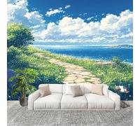 Mural Photo Wallpaper 400x280cm Seaside Road Plants Non-Woven Mural Poster TV Background Decoration Blue for Corridor Living Room Bedroom Home Renovation
