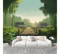Mural Stick Wallpaper Poster Decoration 300x210cm Bamboo Jungle and Wooden Bridge Architecture Non-Woven Anti-Wrinkle Wall Mural Wall Light Green Murale for Kitchen Living Room Bedroom Decoration