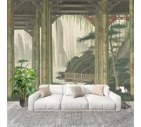 Mural Stick Wallpaper Poster Decoration 350x256cm Mountains and Rivers Streams Bamboo Architecture Non-Woven Anti-Wrinkle Wall Mural Wall Light Green Murale for Kitchen Living Room Bedroom Decoration