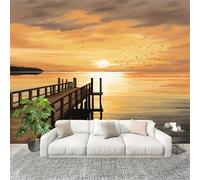 Mural Stick Wallpaper Poster Decoration 350x256cm Wooden Bridge at Sunset Non-Woven Premium Anti-Wrinkle Wall Mural Wall Yellow Murale for Kitchen Living Room Bedroom Decoration