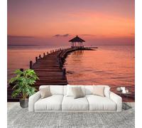 Mural Stick Wallpaper Poster Decoration 350x256cm Wooden Pier at Seaside at Dusk Non-Woven Premium Anti-Wrinkle Wall Mural Wall Multicolor Murale for Kitchen Living Room Bedroom Decoration