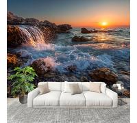 Mural Stick Wallpaper Poster Decoration 400x280cm Seaside Sunset Waterfall Non-Woven Anti-Wrinkle Wall Mural Wall Orange-Yellow Murale for Kitchen Living Room Bedroom Decoration