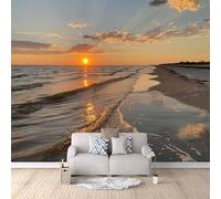 Mural Wall Paper Beach Sea Sunset 3D Printed Vibrant Colours Landscape Photo Wallpaper 300x210 cm Non-Woven Fabric Easy to Install for Living Room Kitchen Interior Bedroom Accessories
