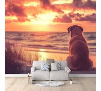 Mural Wall Paper Dog Sunset Sea 3D Printed Vibrant Colours Animal Photo Wallpaper 400x280 cm Non-Woven Fabric Easy to Install for Living Room Kitchen Interior Bedroom Accessories