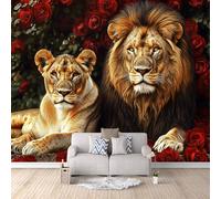 Mural Wall Paper Lion Red Flowers 3D Printed Vibrant Colours Animal Photo Wallpaper 200x140 cm Non-Woven Fabric Easy to Install for Living Room Kitchen Interior Bedroom Accessories