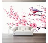 Mural Wallpaper 200 x 140 cm Eastern Theme Non-Woven Wallpapers Wall Art Modern for Living Room Bedroom Nursery Room Decor, Pink Flowers Birds