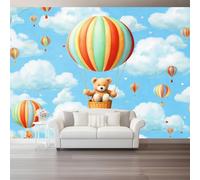 Mural Wallpaper 250 x 175 cm Cartoon Theme Non-Woven Wallpapers Wall Art Modern for Living Room Bedroom Nursery Room Decor, Blue Hot Air Balloon Teddy Bear