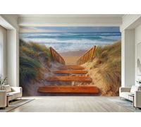 Mural Wallpaper 3D Beach Ocean Non-Woven Wall Mural Wipeable | Matt Waterproof Panoramic Photo Wallpaper Coastal Wooden Stairs Wall Art 350x256 cm for Living Room Bedroom Home Office B305
