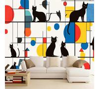 Mural Wallpaper 3D Black Cat 400x280cm,Boho Colorful Geometry Silk Cloth Decor Wallpaper,for Living Room Bedroom