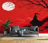 Mural Wallpaper 3D Cherry Blossom Non-Woven Wall Mural Wipeable | Matt Waterproof Panoramic Photo Wallpaper Japanese Samurai Wall Art 400x280 cm for Living Room Bedroom Home Office F691
