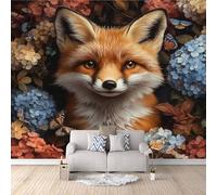 Mural Wallpaper 3D Fox in The Flowers Non-Woven Premium Art Print Wall Cartoon Animals Mural Home Bedroom Living Room Poster Decoration-350x256cm