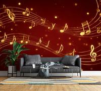Mural Wallpaper 3D Gold Music Notes Photo Wallpaper Non-Woven Matt | Waterproof Panoramic Wall Mural Musical Staff Feature Wall Art 250x175 cm for Living Room Bedroom Home Office c1157