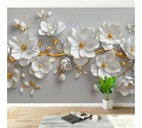 Mural Wallpaper 3D Magnolia Floral Non-Woven Wall Mural Wipeable | Matt Waterproof Panoramic Photo Wallpaper Gold Leaf Botanical Wall Art 500x280 cm for Living Room Bedroom Home Office D62